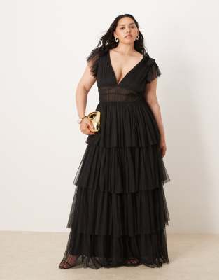 Lace & Beads Plus Ruffle Shoulder Tiered Maxi Dress