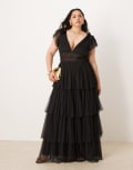 [Lace & Beads Plus] Lace & Beads Plus ruffle shoulder tiered maxi dress in black 18 Black