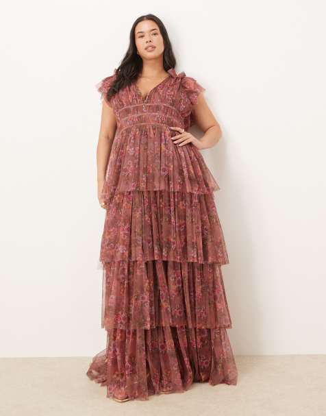 Lace & Beads Plus ruffle shoulder tiered maxi dress in purple floral - view 1