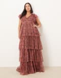 [Lace & Beads Plus] Lace & Beads Plus ruffle shoulder tiered maxi dress in purple floral 28 Purple Floral