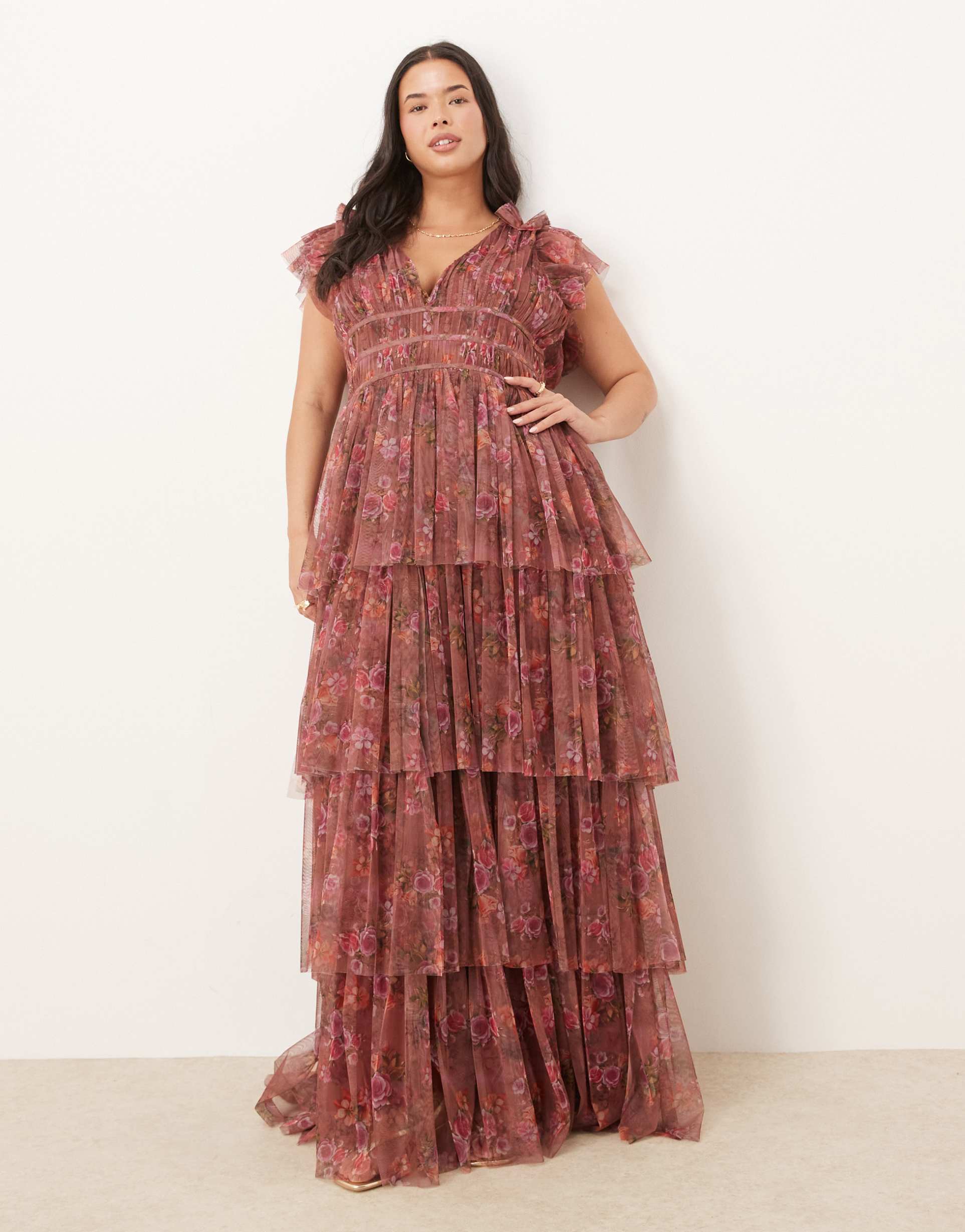 lace & beads plus ruffle shoulder tiered maxi dress in purple floral