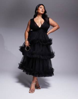 lace & beads plus ruffle tiered tulle midaxi dress in black