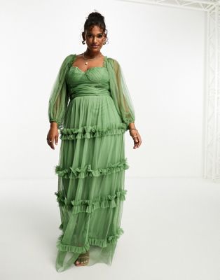 Lace & Beads Plus sheer sleeve ruffle maxi dress in olive
