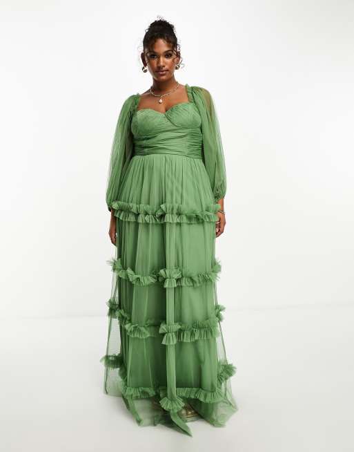 Lace Beads Plus sheer sleeve ruffle maxi dress in olive