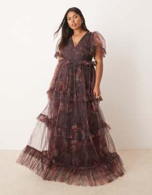 sheer sleeve ruffle maxi dress with sheer skirt in plum floral-Multi