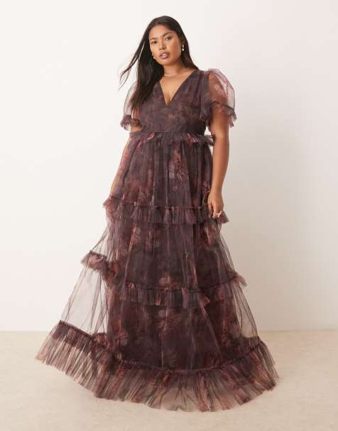 Lace & Beads Plus sheer sleeve ruffle maxi dress with sheer skirt in plum floral - view 1