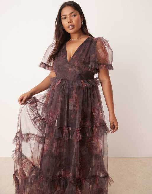 Lace & Beads Plus sheer sleeve ruffle maxi dress with sheer skirt in plum floral