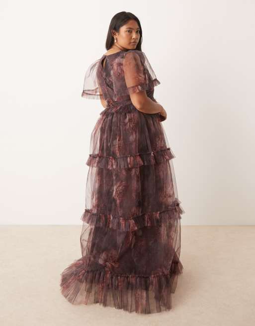Lace & Beads Plus sheer sleeve ruffle maxi dress with sheer skirt in plum floral