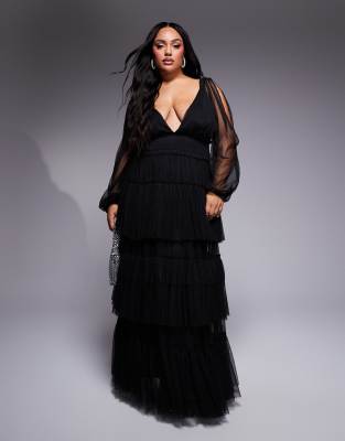 Lace & Beads Plus Lace & Beads Plus sheer sleeve tiered tulle maxi dress in black