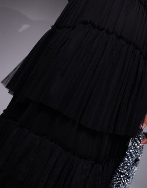 Lace & Beads Plus sheer sleeve tiered tulle maxi dress in
