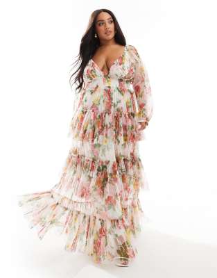 Lace & Beads Plus sheer sleeve tiered tulle maxi dress in bright floral-Multi