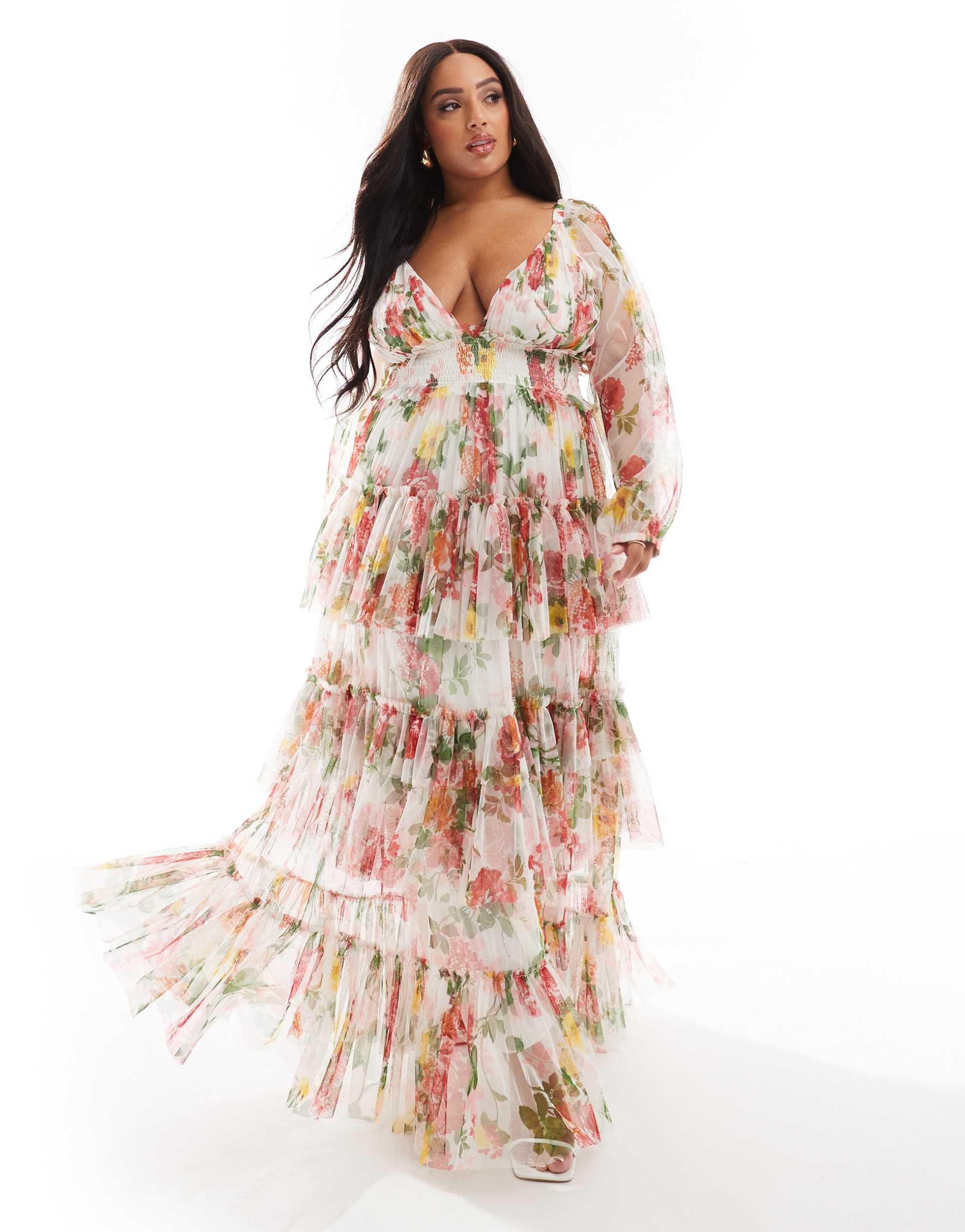 lace & beads plus sheer sleeve tiered tulle maxi dress in bright floral