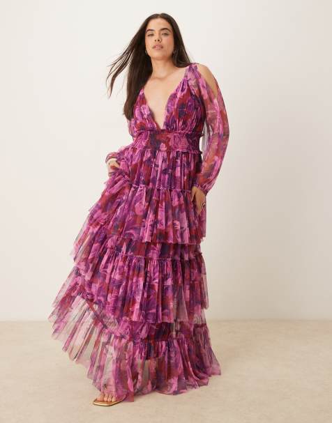 Lace & Beads Plus sheer sleeve tiered tulle maxi dress in fuchsia floral - view 1