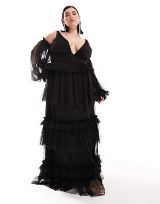 Lace & Beads Plus sheer sleeve tulle tiered maxi dress in black