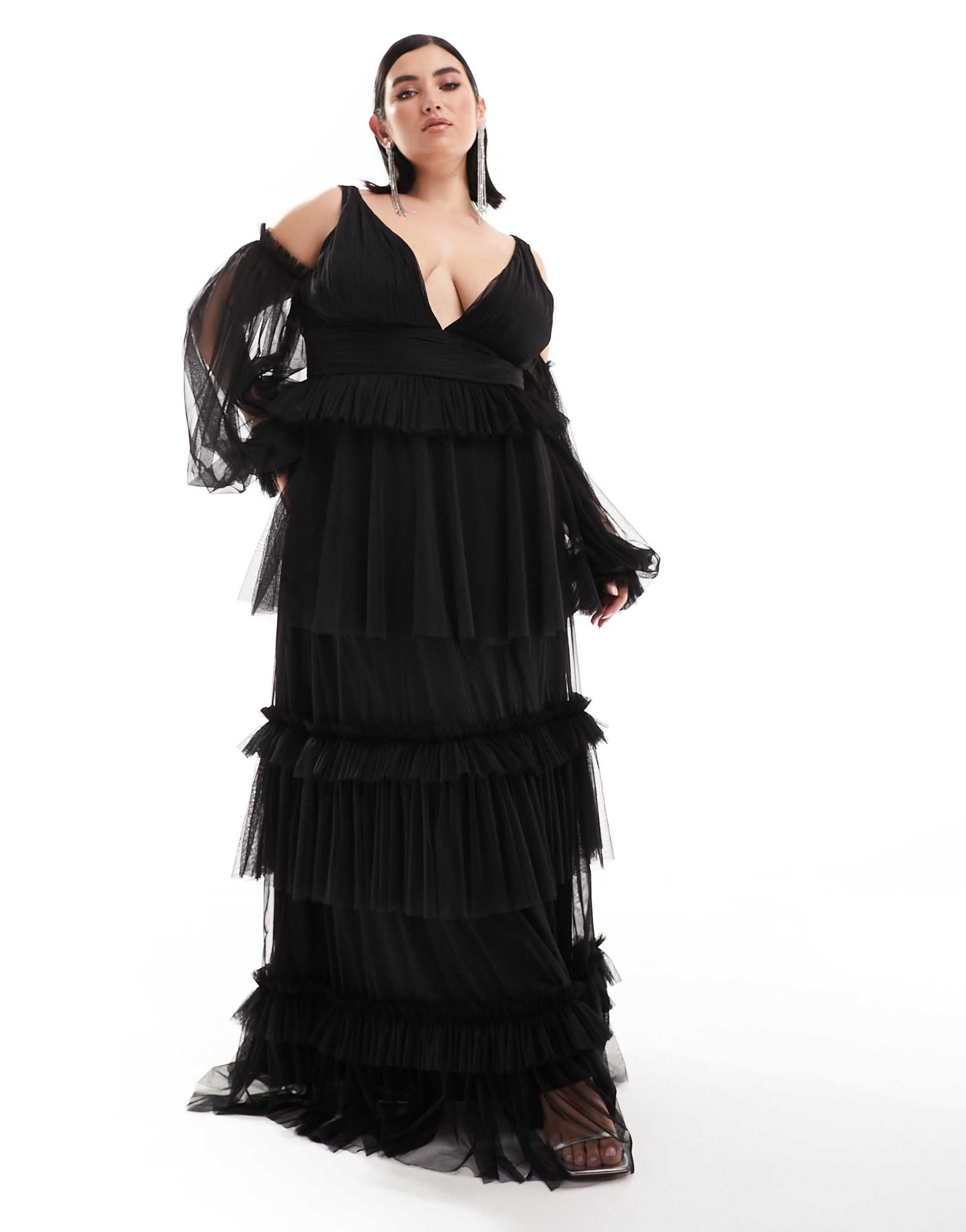 lace & beads plus sheer sleeve tulle tiered maxi dress in black