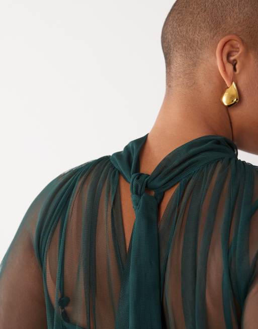 Lace & Beads Plus sheer tulle high neck bell sleeve ruffle trim maxi dress in emerald, 2 of 4