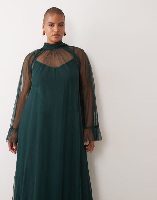 Lace & Beads Plus sheer tulle high neck bell sleeve ruffle trim maxi dress in emerald, 3 of 4