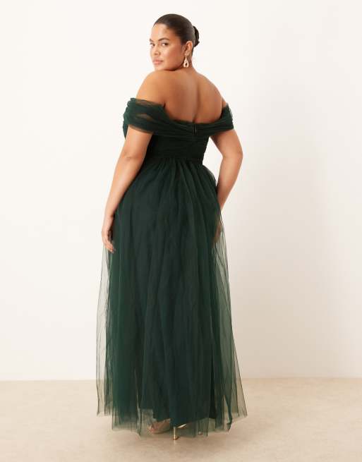 Lace & Beads Plus - Skovgrøn maxikjole i tyl med offshoulder, 3 af 4