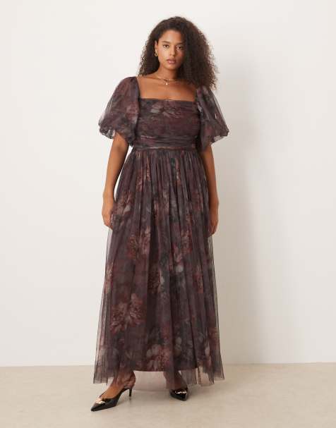 Lace & Beads Plus puff sleeve tulle maxi dress in plum floral