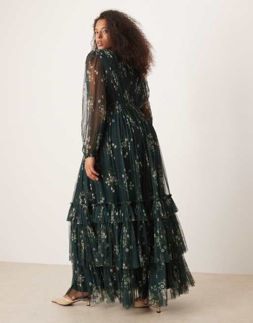 Lace & Beads Plus - Smaragdgrøn højhalset og langærmet maxikjole i tyl med blomstermønster, 2 af 4