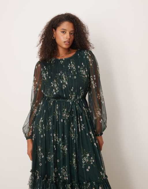 Lace & Beads Plus - Smaragdgrøn højhalset og langærmet maxikjole i tyl med blomstermønster, 4 af 4