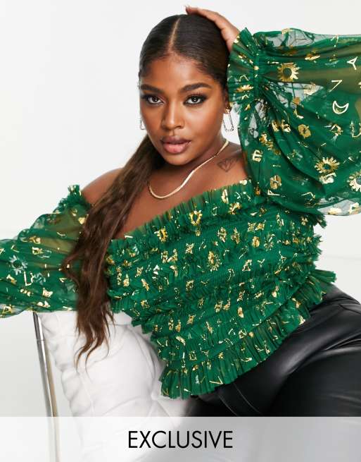 Lace & Beads Plus - Smaragdgrøn offshoulder-top i tyl med stjernetegn - Kun hos ASOS