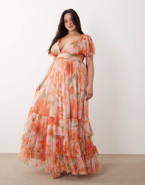 Lace & Beads Plus Smocked Madison tulle flutter sleeve deep v maxi dress in orange poppy print - view 1