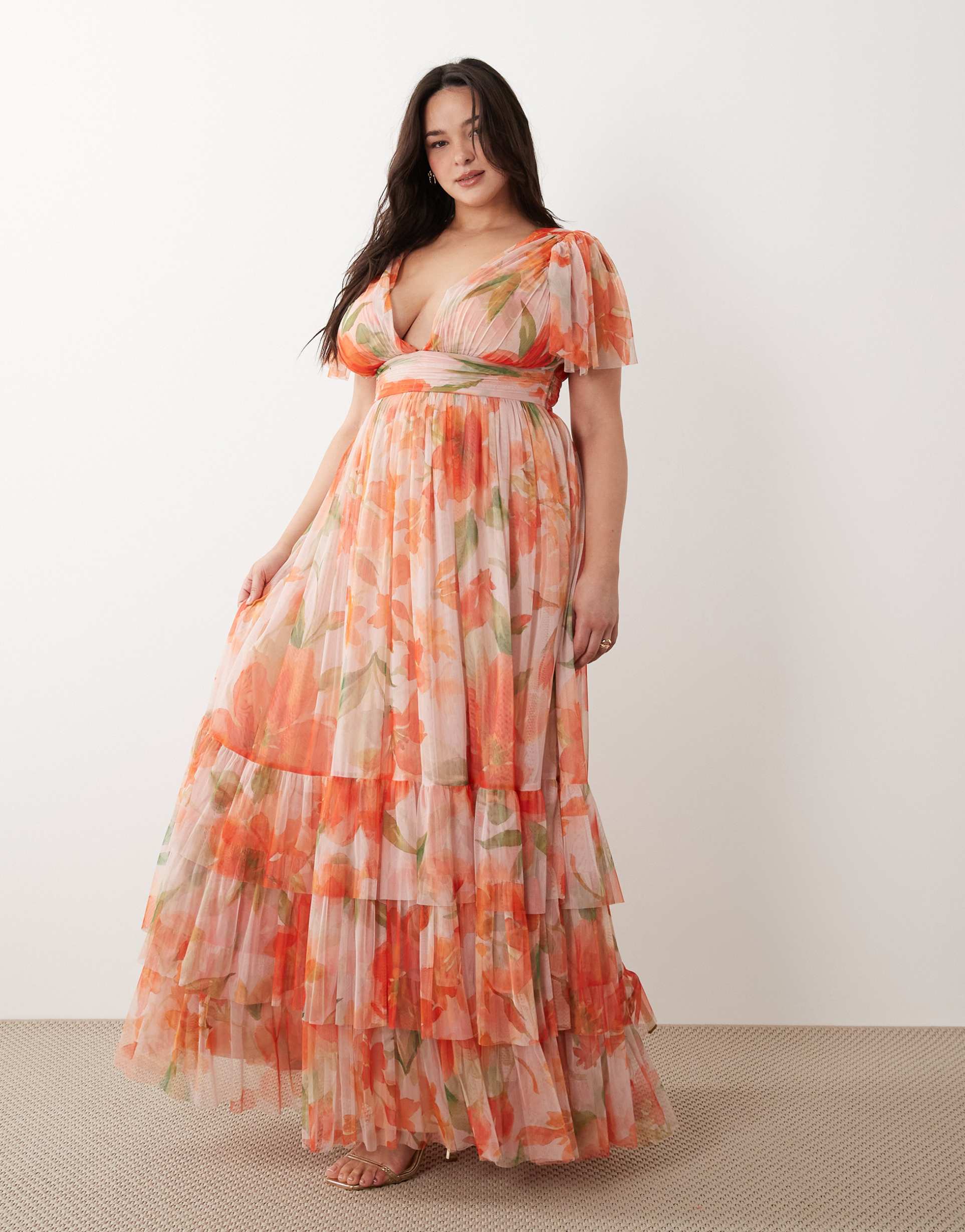 lace & beads plus smocked madison tulle flutter sleeve deep v maxi dress in orange poppy print