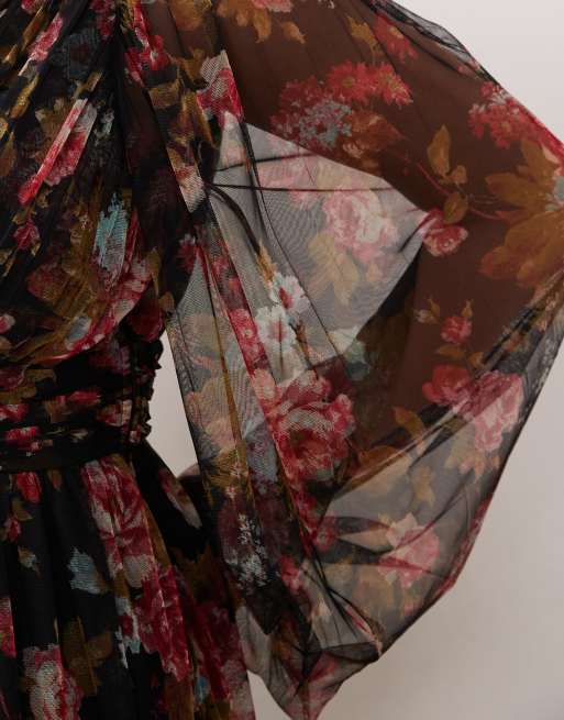 Lace & Beads Plus - Sort langærmet midikjole med blomsterprint, 3 af 4