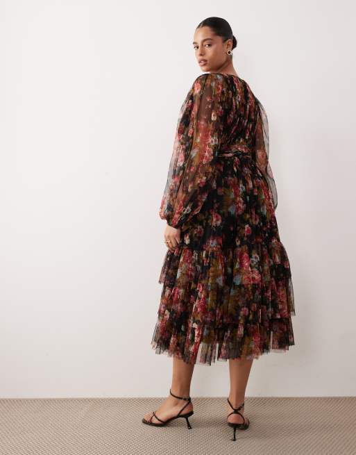 Lace & Beads Plus - Sort langærmet midikjole med blomsterprint, 4 af 4