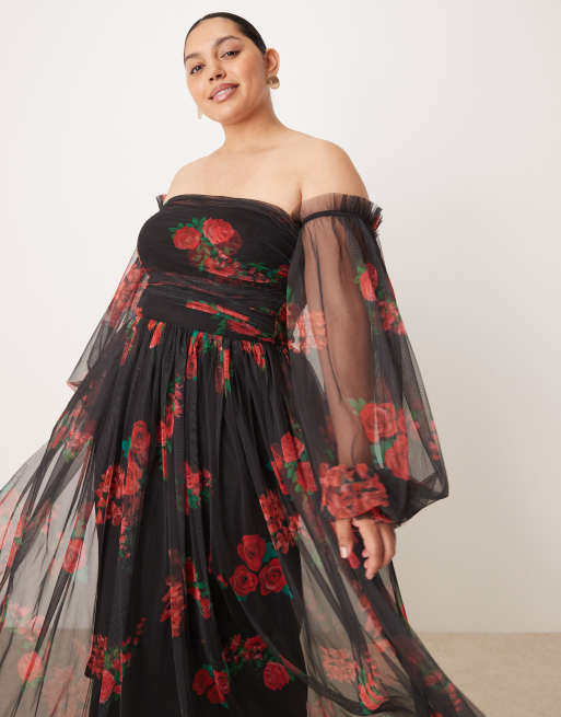 Lace & Beads Plus - Sort offshoulder-maxikjole i tyl med ballonærmer og roseprint, 2 af 4