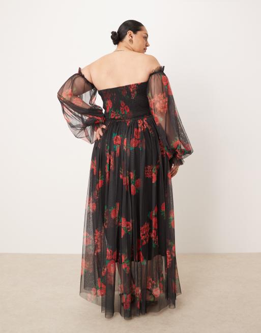 Lace & Beads Plus - Sort offshoulder-maxikjole i tyl med ballonærmer og roseprint, 4 af 4