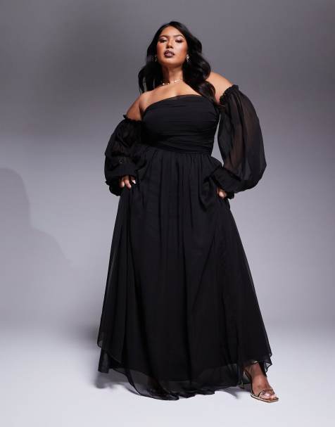 Lace & Beads Plus - Sort offshoulder-maxikjole med ballonærmer - view 1