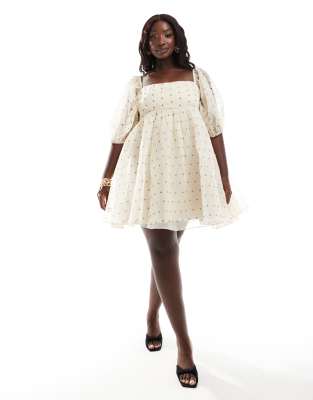 Lace & Beads Plus square neck babydoll organza mini dress in polka dot-Multi φωτογραφία