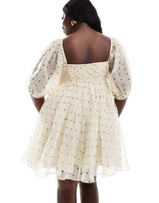 Lace & Beads Plus square neck babydoll organza mini dress in polka dot, 2 of 4