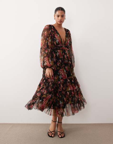 Lace & Beads Plus – Svart, blommig midiklänning med långa ärmar - view 1