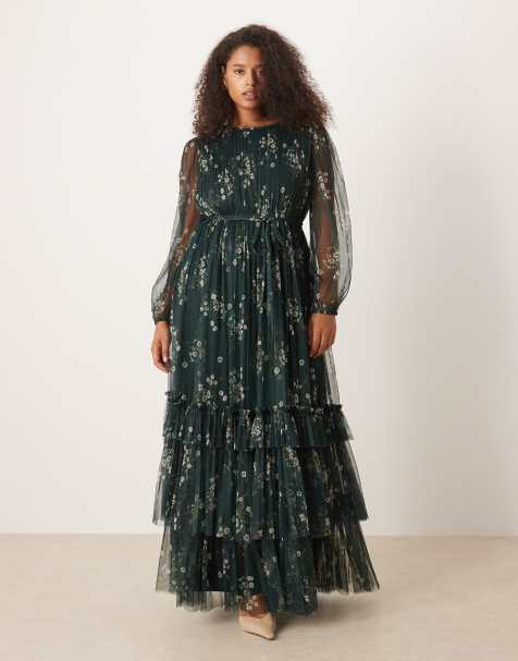 Lace & Beads Plus high neck long sleeve tulle maxi dress in emerald floral