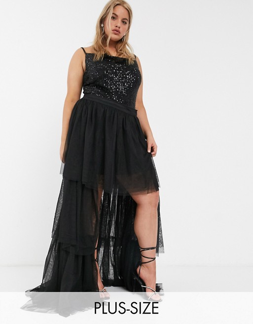 Lace & Beads Plus tiered high low tulle maxi skirt in black