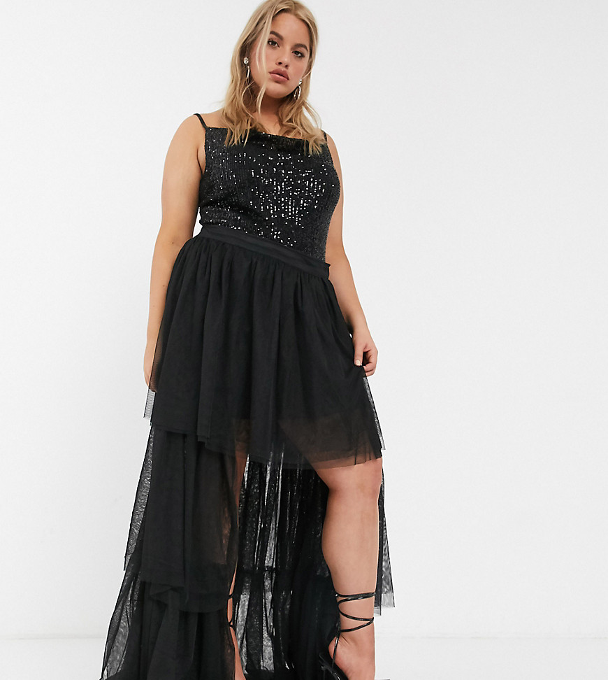 Lace & Beads Plus tiered high low tulle maxi skirt in black