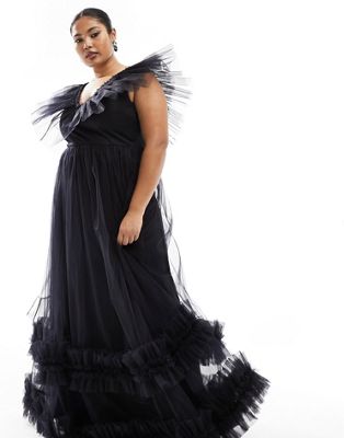 Lace & Beads Plus Tiered Ruffle Tulle Maxi Dress In Black