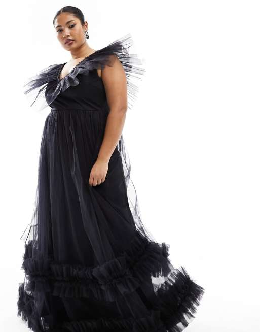 Lace & Beads Plus tiered ruffle tulle maxi dress in black