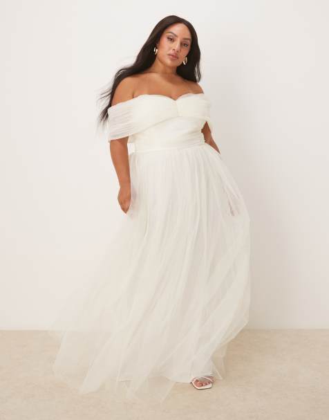 Lace & Beads Plus bow off shoulder tulle maxi dress in ivory