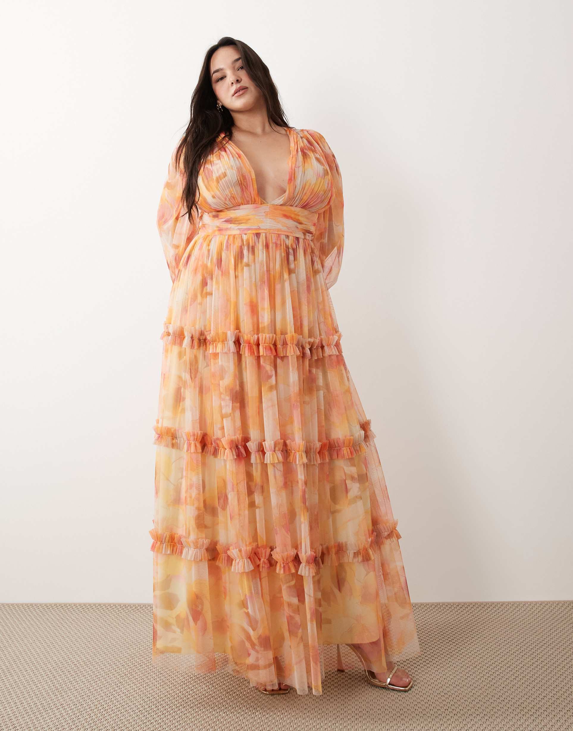 lace & beads plus tulle balloon sleeve ruffle detail maxi dress in orange floral