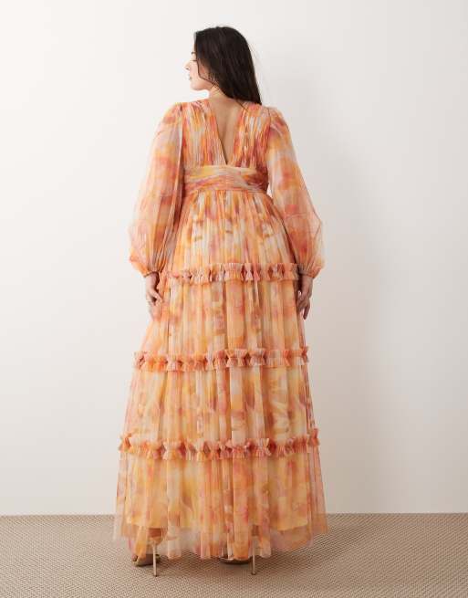 Lace & Beads Plus tulle balloon sleeve ruffle detail maxi dress in orange floral, 4 of 4