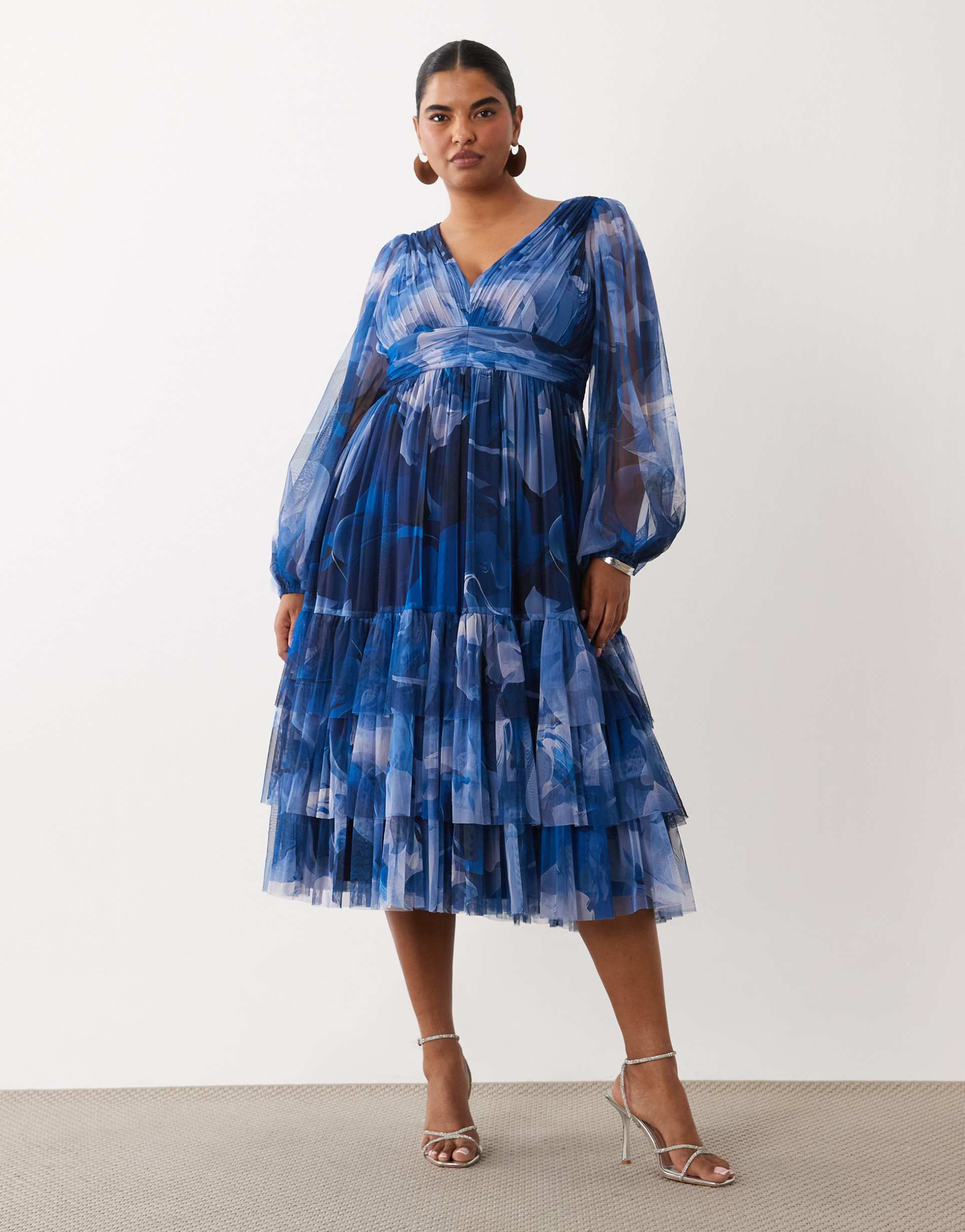 lace & beads plus tulle balloon sleeve ruffle tiered midi dress in dark blue print