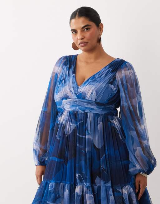 Lace & Beads Plus tulle balloon sleeve ruffle tiered midi dress in dark blue print, 2 of 4