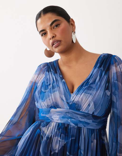 Lace & Beads Plus tulle balloon sleeve ruffle tiered midi dress in dark blue print, 3 of 4