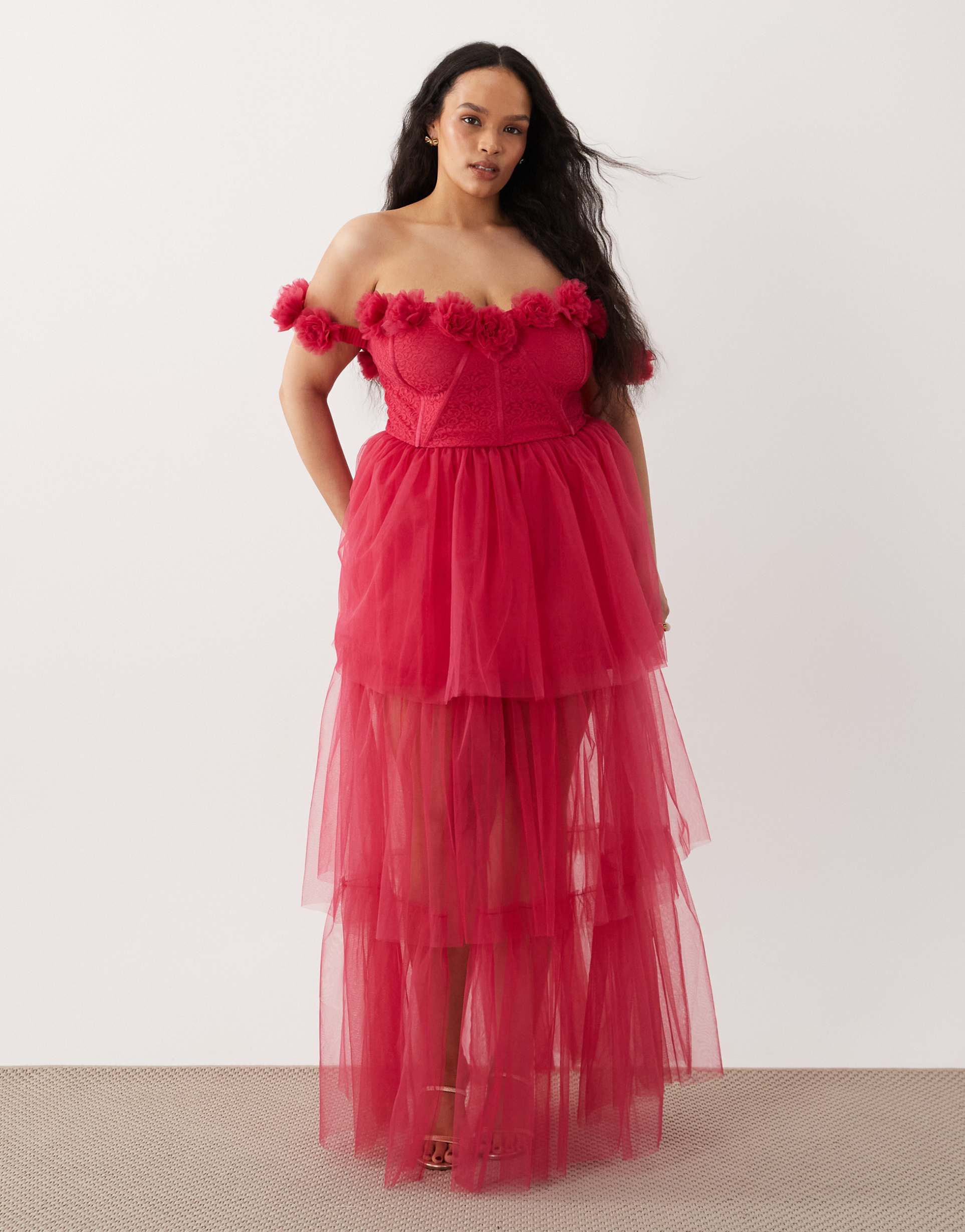 lace & beads plus tulle bardot corsage detail corset maxi dress in raspberry