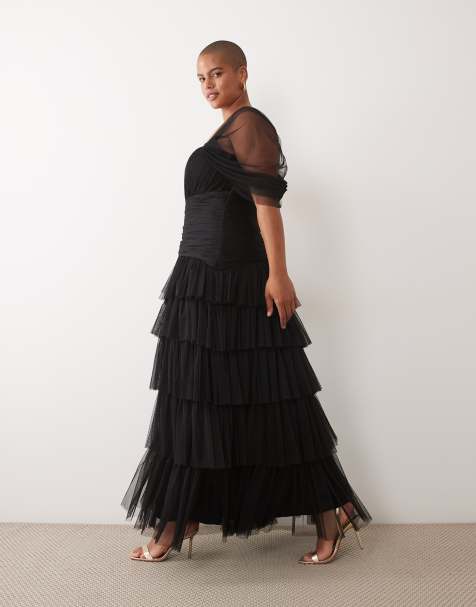 Lace & Beads Plus tulle fallen shoulder asymmetric ruffle detail maxi dress in black - view 1