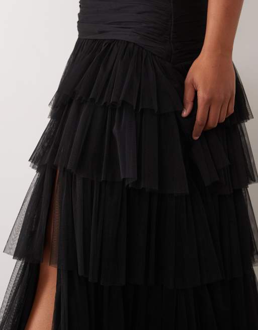 Lace & Beads Plus tulle fallen shoulder asymmetric ruffle detail maxi dress in black, 3 of 4